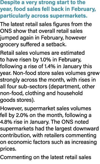 Despite a very strong start to the year, food sales fell back in February, particularly across supermarkets. The late...