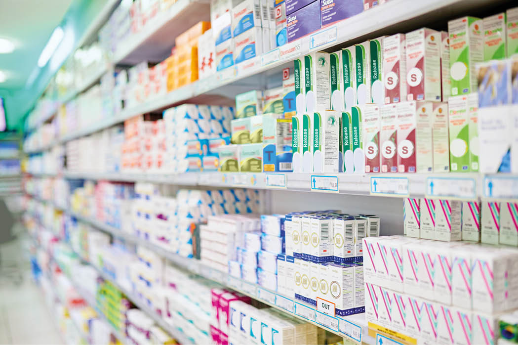 Everything for your ailments. An aisle in a pharmacy.
