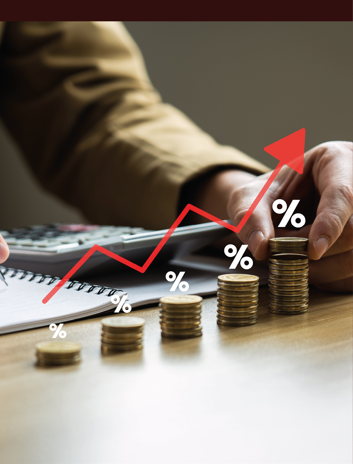 business calculates inflation red arrow with a percentage sign and a pile of coins, concept of higher inflation and more expensive food. Inflation and interest rate hikes