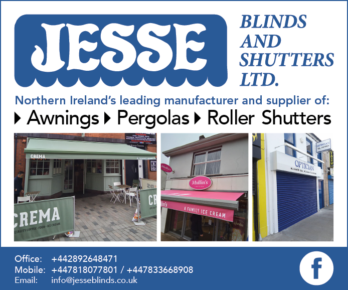 An advertisement for Jesse and Shutters Ltd. features a picture of a building with a pink awning and a blue and white sign. The advertisement also includes a picture of a roller shutter. AI generated content