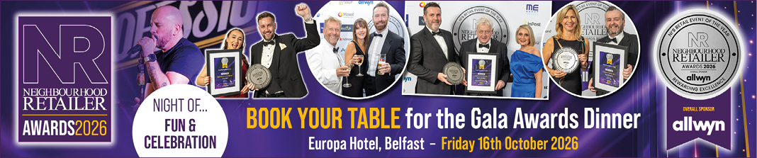 A colorful banner promotes the Night of Fun and Celebration Gala Awards Dinner at Europa Hotel Belfast on Friday 18th October 2026, featuring adults dressed formally holding awards and a live performer singing. Description generated by AI
