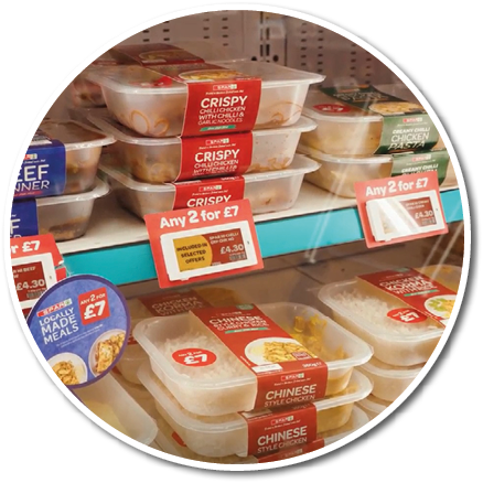 Pre-packaged meals labeled with various flavors and promotional price tags are displayed on store shelves. Description generated by AI