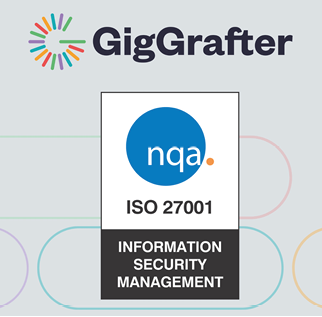 The image shows the GigGrafter logo above a certification badge for ISO 27001 Information Security Management from nqa. Description generated by AI
