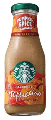 A bottle of Starbucks Pumpkin Spice Flavour limited edition frappuccino coffee drink with a green cap and autumn-themed label. Description generated by AI