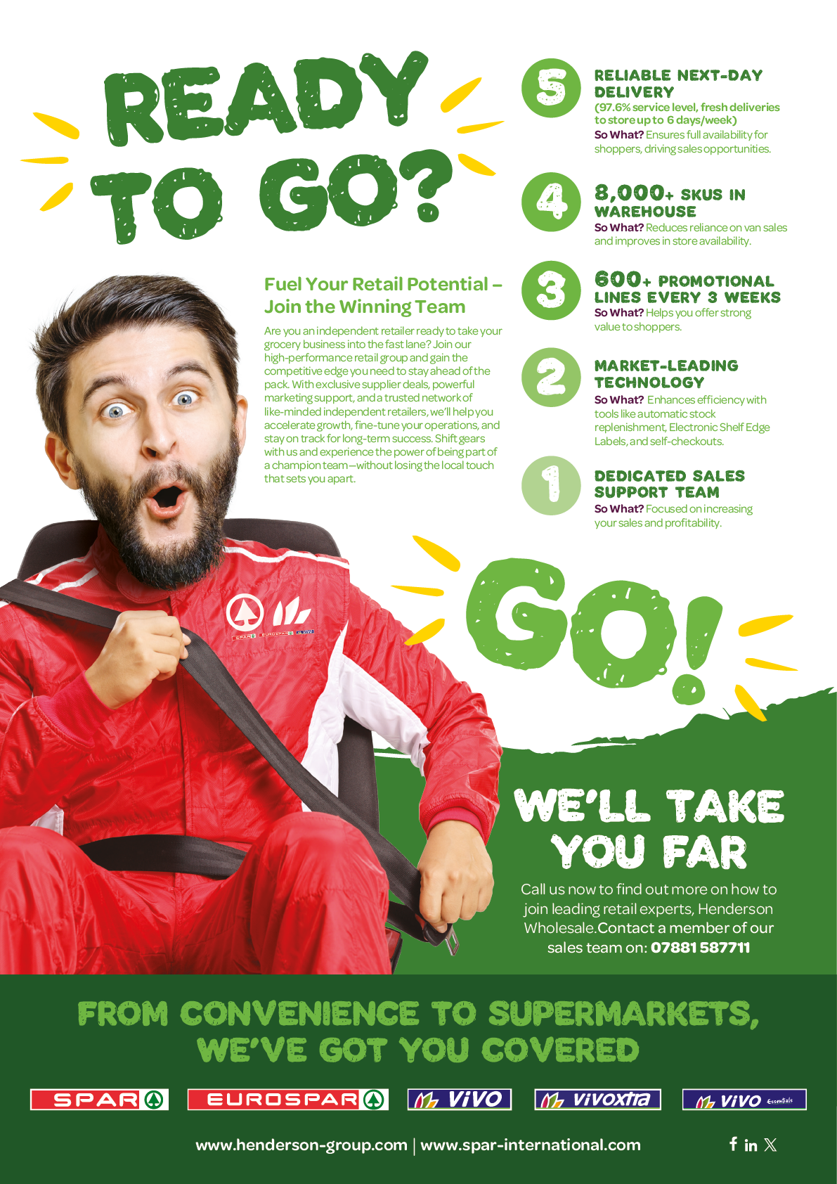 A person in a red racing suit enthusiastically pulls open the suit to reveal a green shirt underneath with bold green text promoting retail business support and sales team services from convenience stores to supermarkets. Description generated by AI