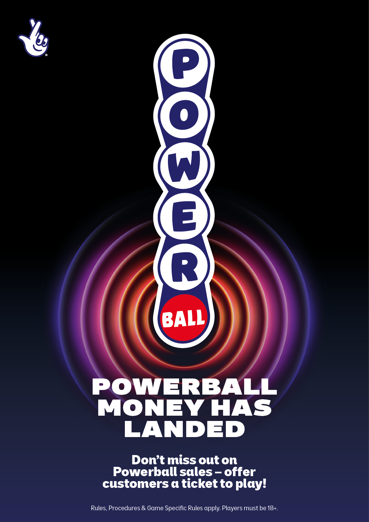 The image features the Powerball logo with text announcing that Powerball money has landed and encourages customers to get a ticket to play. Description generated by AI