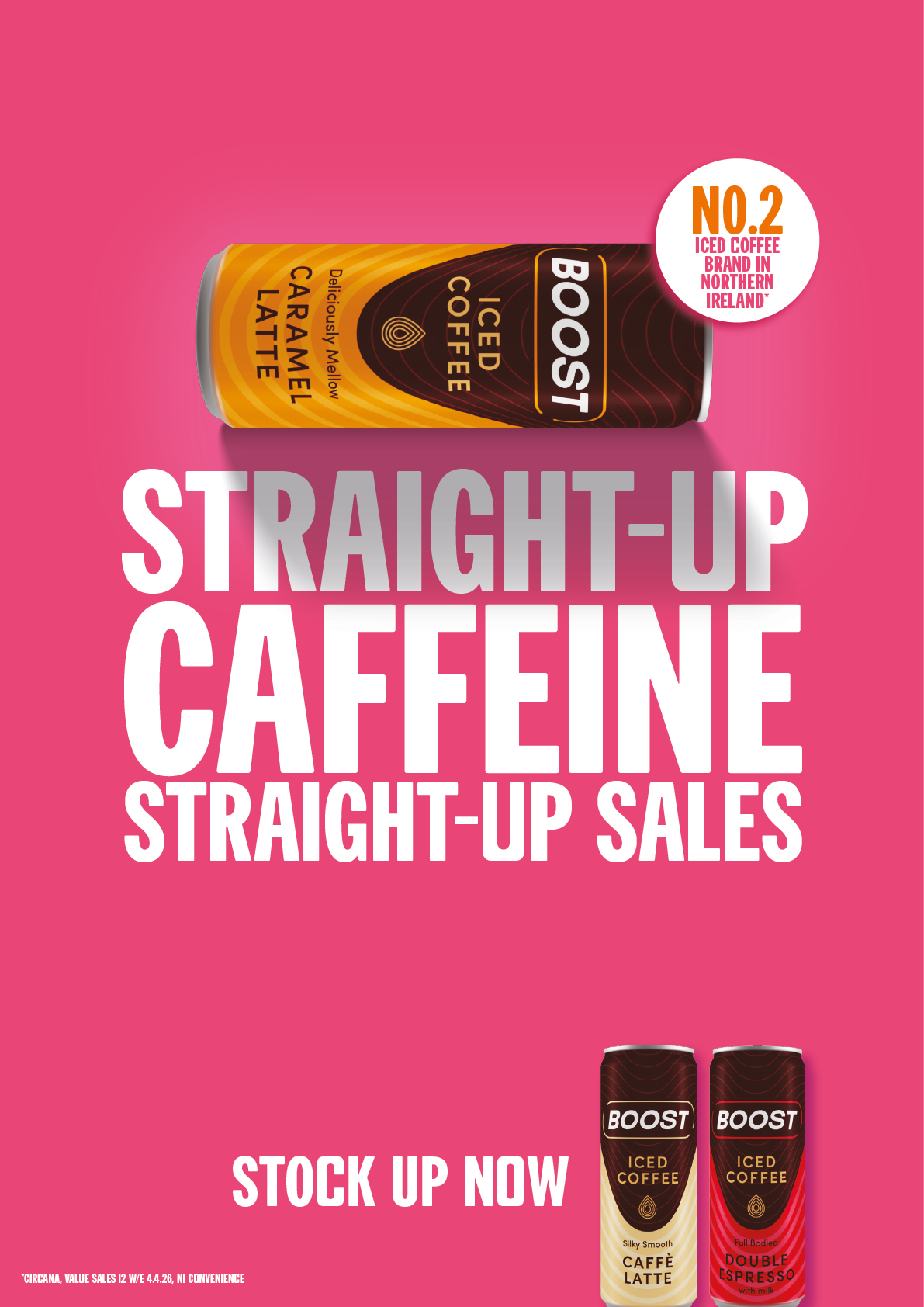 A vibrant pink advertisement features Boost iced coffee cans with bold white text promoting straight-up caffeine and encouraging stocking up now. Description generated by AI