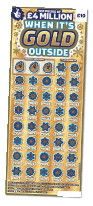 A gold-themed lottery scratch card titled “When It's Gold Outside" with multiple prize areas and instructions for winning prizes by matching symbols or numbers. Description generated by AI