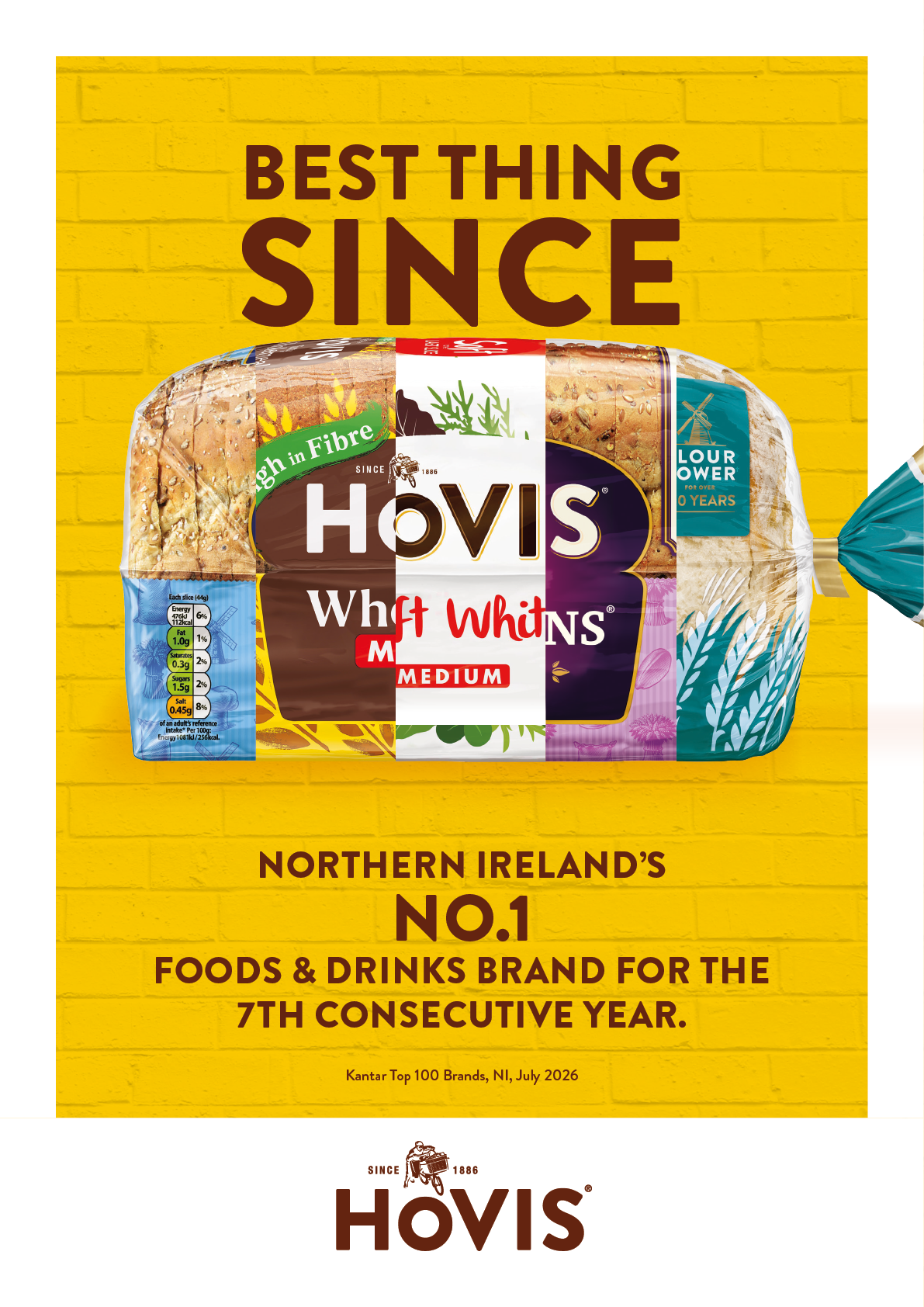A promotional graphic featuring a loaf of Hovis bread with text highlighting it as Northern Ireland's number one foods and drinks brand for the seventh consecutive year. Description generated by AI