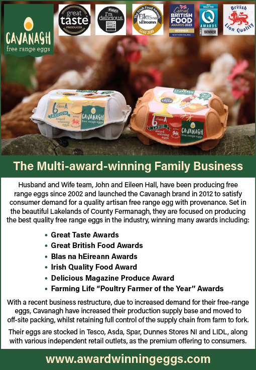 Two cartons of Cavanagh free range eggs are displayed on a wooden surface with chickens in the background, accompanied by text highlighting the family business's multi-award-winning status and commitment to quality. Description generated by AI
