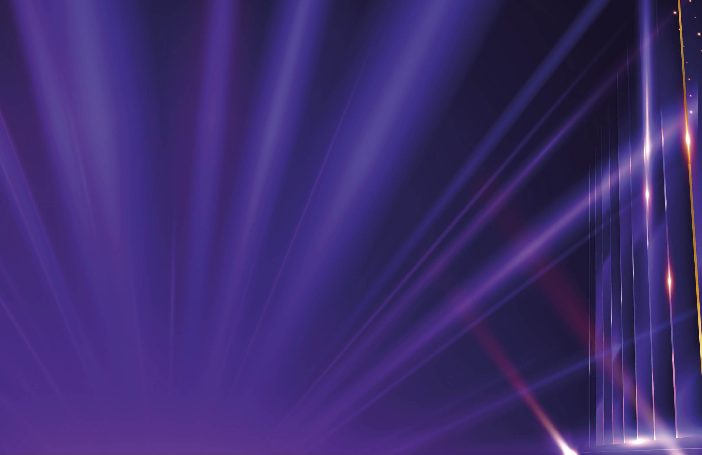 Purple and blue light beams radiate diagonally across a dark background with vertical glowing lines on the right side. Description generated by AI