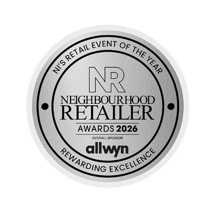 A silver circular badge with black text that reads Neighbourhood Retailer Awards 2026, NJ's Retail Event of the Year, Rewarding Excellence, and features the overall sponsor allwyn. Description generated by AI