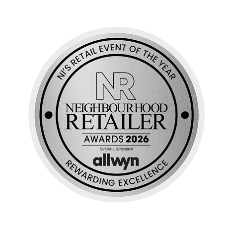 A silver circular badge with the text Neighbourhood Retailer Awards 2026, NJ's Retail Event of the Year, Rewarding Excellence, and overall sponsor allwyn. Description generated by AI