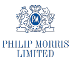 A blue emblem featuring two lions holding a crowned oval with the letters PM and a banner reading Philip Morris International above the text Philip Morris Limited. Description generated by AI