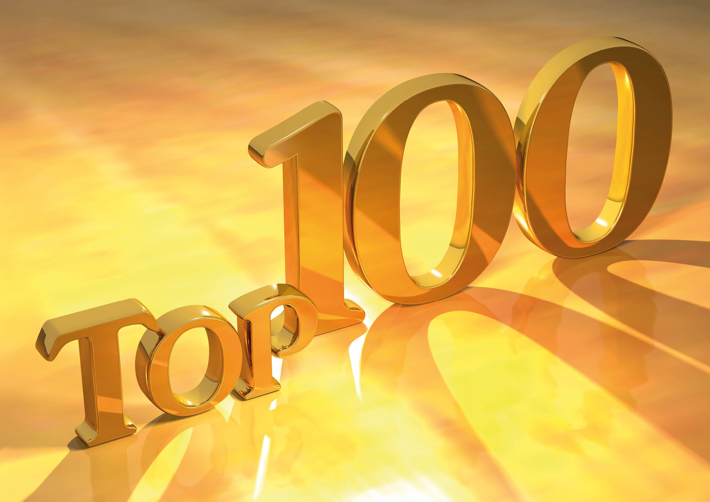 Shiny golden 3D text reading “Top 100" is displayed on a reflective golden surface with dramatic lighting and shadows. Description generated by AI