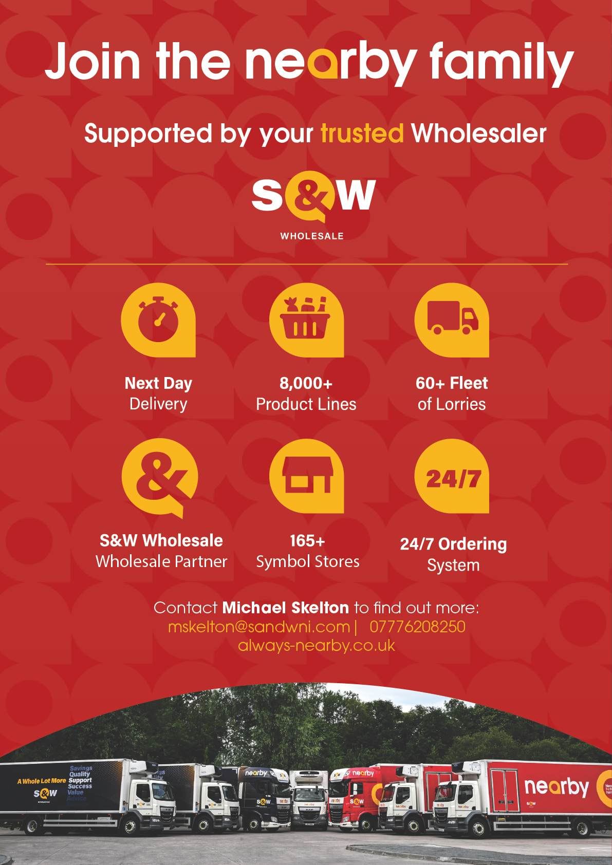 A promotional graphic for Nearby Wholesale featuring delivery benefits and contact information above a row of branded delivery trucks parked outdoors. Description generated by AI