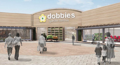 Several people are walking toward the entrance of a large garden center named Dobbies on a clear day. Description generated by AI