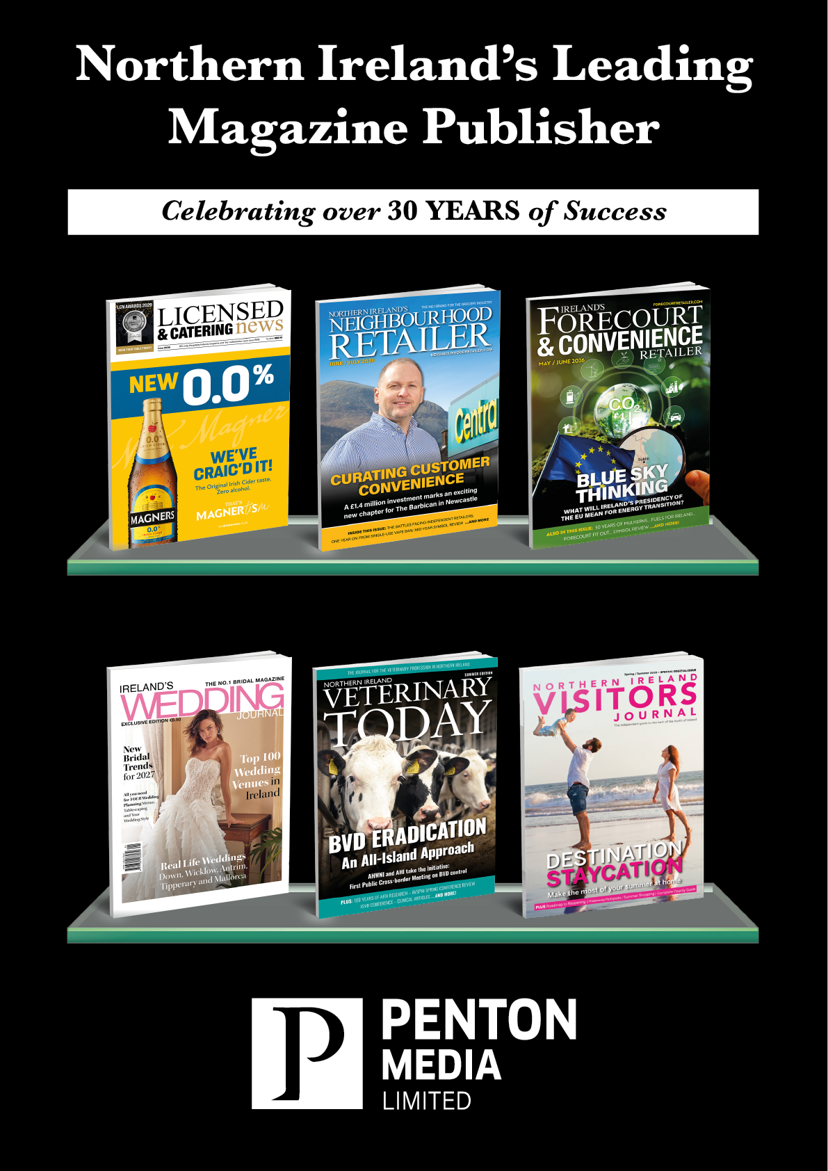 Northern Ireland’s leading magazine publisher Penton Media Limited showcases six magazine covers on two shelves featuring topics like retail, convenience, weddings, veterinary care, and visitors. Description generated by AI