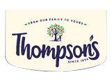 A logo with the text “Thompson's" in large script, a tree with red and green leaves above it, and the phrases "From our family to yours" and "Since 1896" surrounding the tree. Description generated by AI