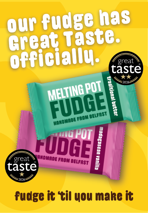 Two colorful fudge wrappers labeled Melting Pot Fudge with flavors traditional butter and Madagascan vanilla are shown on a yellow background with text promoting their great taste and awards. Description generated by AI