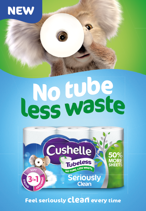 A green and blue advertisement features a koala holding a white tube and promotes Cushelle tubeless toilet paper with 50% more sheets and a message about being seriously clean and less waste. Description generated by AI