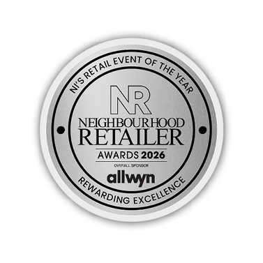 A silver circular badge with the text Neighbourhood Retailer Awards 2026, NJ's Retail Event of the Year, Rewarding Excellence, and overall sponsor allwyn. Description generated by AI