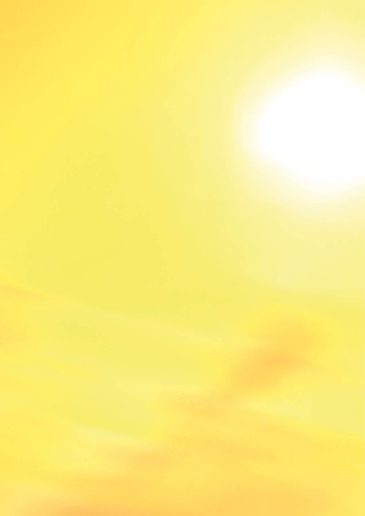A bright sun shines through a sky filled with soft, warm yellow and orange clouds. Description generated by AI