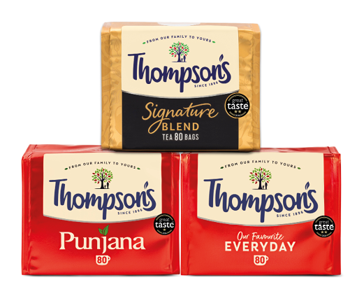 Three packages of Thompson's tea with one Signature Blend and two red packages labeled Punjana and Our Favourite Everyday. Description generated by AI