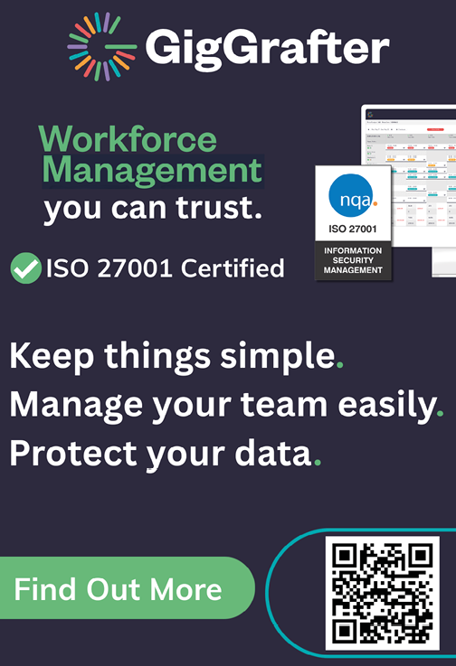 GigGrafter promotes its ISO 27001 certified workforce management software with a call to find out more and a QR code for easy access. Description generated by AI