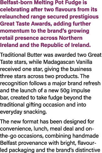 Belfast born Melting Pot Fudge is celebrating after two flavours from its relaunched range secured prestigious Great ...