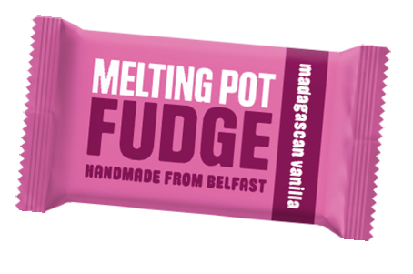 A pink and purple candy wrapper labeled Melting Pot Fudge with handmade from Belfast and Madagascan vanilla text. Description generated by AI