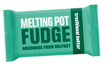 A teal and dark green packaged bar labeled Melting Pot Fudge handmade from Belfast with traditional butter. Description generated by AI