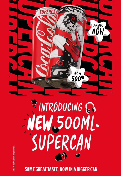 A promotional graphic features two Coca-Cola cans with one labeled “Supercan" showing a stylized person roller skating, highlighting a new 500ml size with the text "Introducing new 500ml Supercan" and "Same great taste, now in a bigger can." Description generated by AI