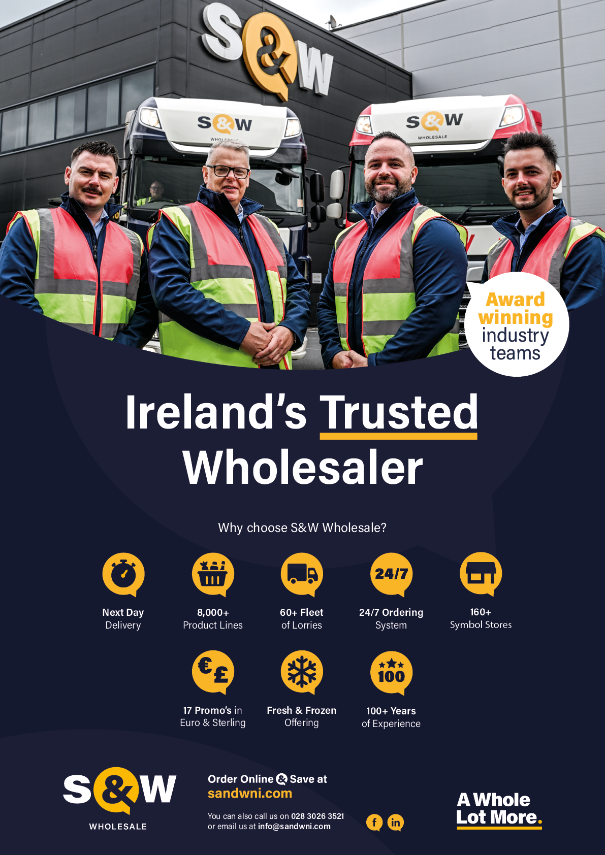 Four adults wearing high-visibility vests stand in front of two trucks with the S&W logo outside a building, accompanied by text promoting S&W as Ireland’s trusted wholesaler with various service benefits. Description generated by AI