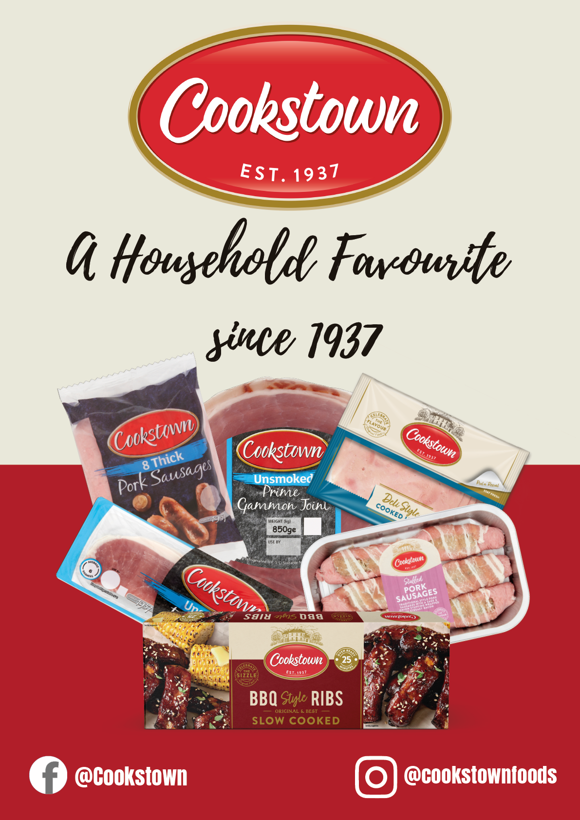 Cookstown brand advertisement featuring various packaged meat products with the slogan “A Household Favourite since 1937" and social media handles. Description generated by AI