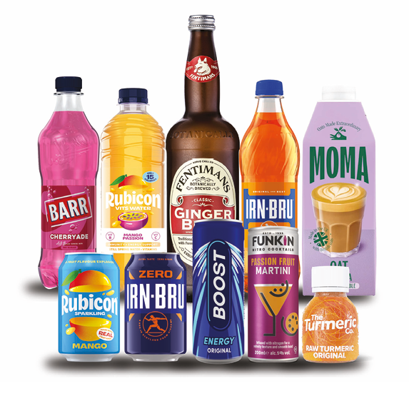 A variety of colorful bottled and canned beverages including fruit-flavored waters, energy drinks, soft drinks, a ginger beer, a turmeric shot, and an oat milk latte are arranged together. Description generated by AI