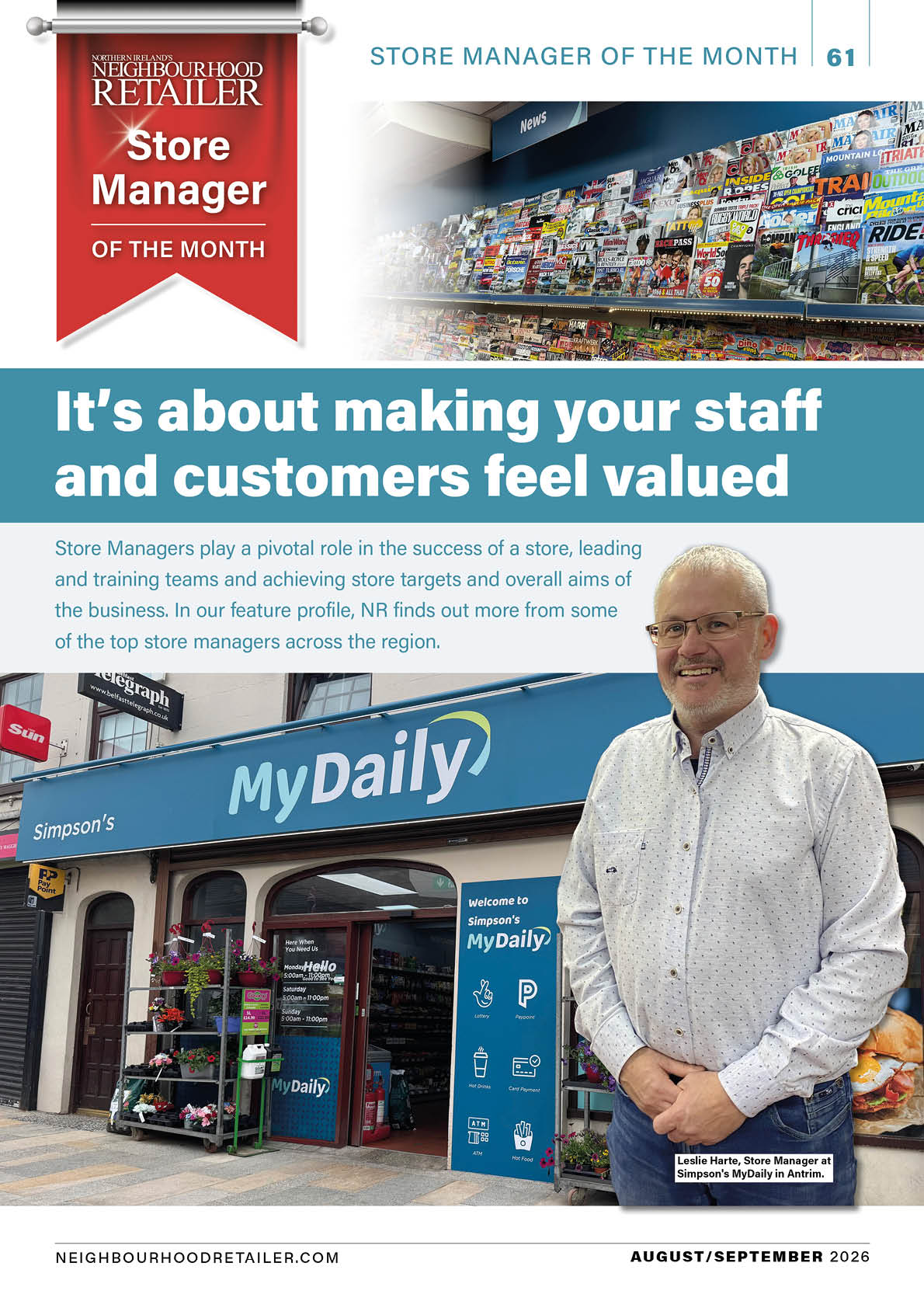 A senior person wearing glasses and a light-colored patterned shirt stands smiling with hands clasped in front of a store named MyDaily that has a flower stand and various items displayed outside. Description generated by AI
