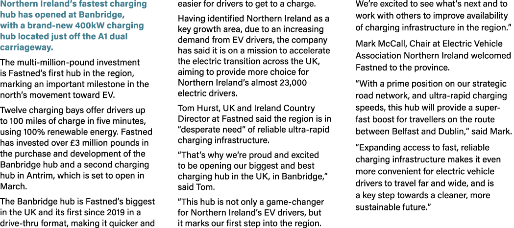 Northern Ireland’s fastest charging hub has opened at Banbridge, with a brand new 400kW charging hub located just off...
