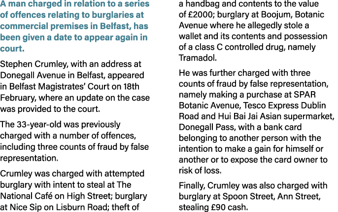 A man charged in relation to a series of offences relating to burglaries at commercial premises in Belfast, has been ...