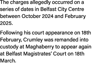 The charges allegedly occurred on a series of dates in Belfast City Centre between October 2024 and February 2025. Fo...
