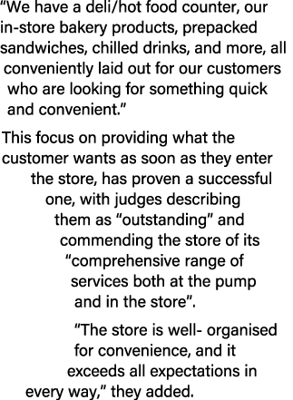 “We have a deli/hot food counter, our in store bakery products, prepacked sandwiches, chilled drinks, and more, all c...