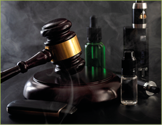 Legal act to restrict vaping, outlaw smoking electronic cigarettes and vape ban legislation conceptual idea with judge gavel, vape device, bottle of ejuice and some isolated on black background