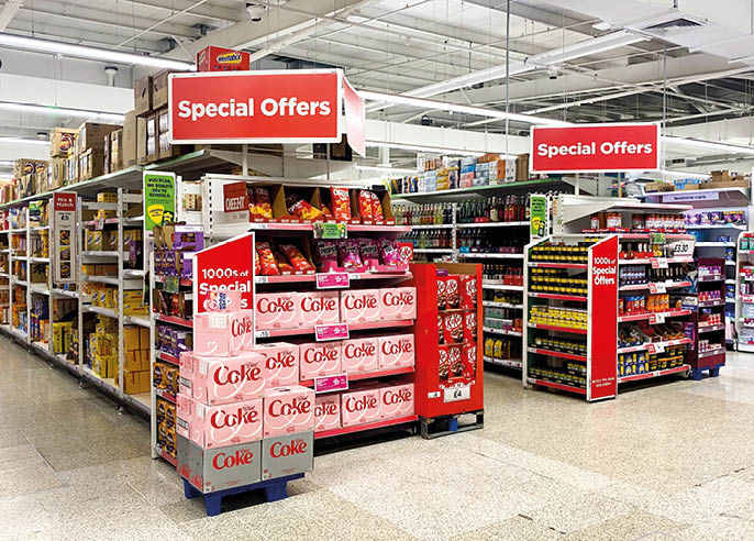 Reading, UK- October 19 2024: Special offers at the end of the aisles in a UK supermarket