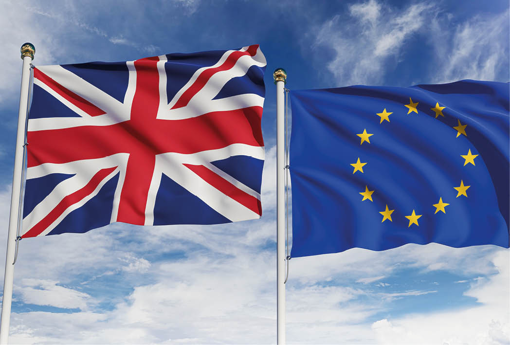 United Kingdom and European Union flags over blue sky. Concept of diplomacy, agreement, international relations, trading, business between England and EU. 3D rendering