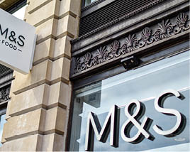 London, UK - 11 August 2019: Facade of M&S Food store on Piccadilly. Marks & Spencer Group is a British retailer headquartered in Westminster that specialises in clothing, home products and food.