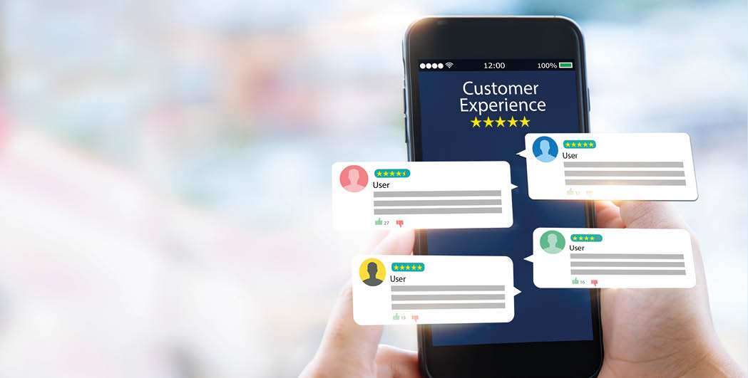 customer experience,review concept.Hands holding mobile phone