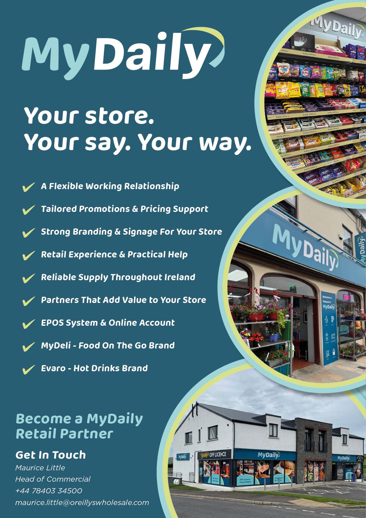 A promotional graphic for MyDaily retail partners featuring store shelves stocked with products, an exterior view of a MyDaily store, and a list of benefits for partnering with the brand. Description generated by AI