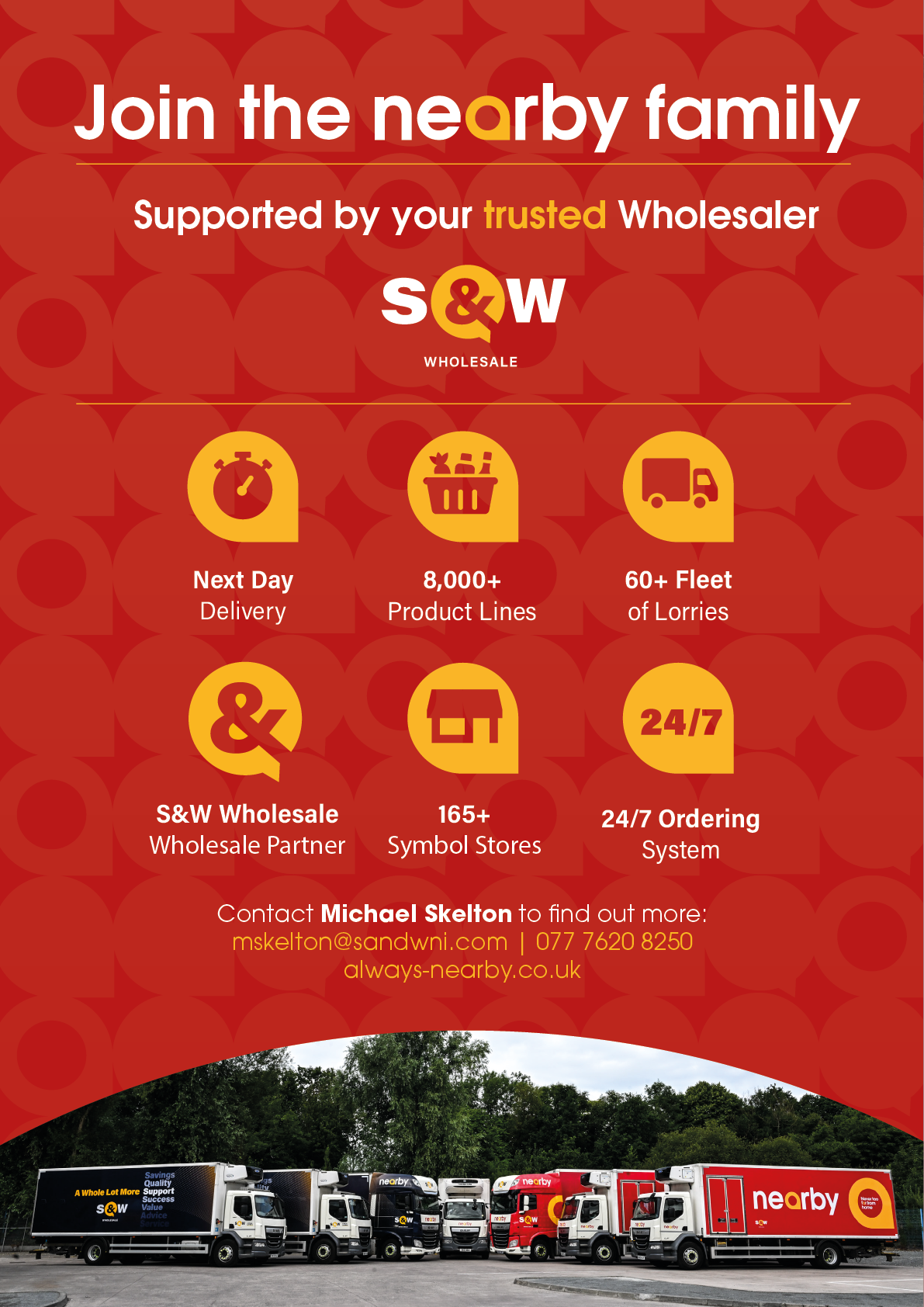 A promotional graphic for a wholesaler company highlighting benefits like next day delivery, a large product range, fleet of lorries, wholesale partnership, numerous stores, and 24/7 ordering, with an image of branded trucks parked in front of a building. Description generated by AI
