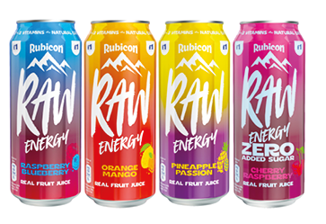 Four colorful cans of Rubicon RAW Energy drinks in different fruit flavors with bold white and yellow text and fruit illustrations on the front. Description generated by AI