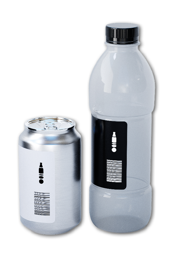 A silver aluminum can and a clear plastic bottle with black and white labels are placed side by side on a light gray surface. Description generated by AI